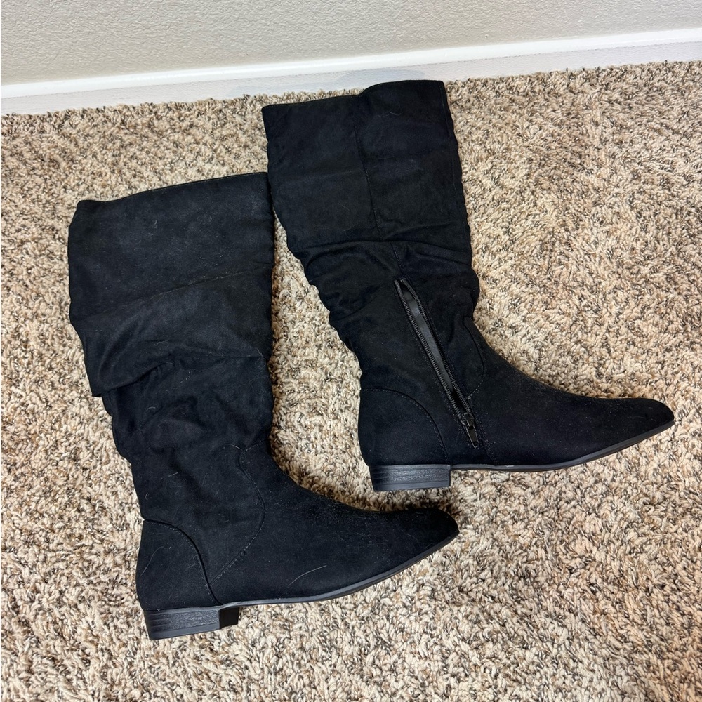 NWT Black Textile Knee High Flat Boots